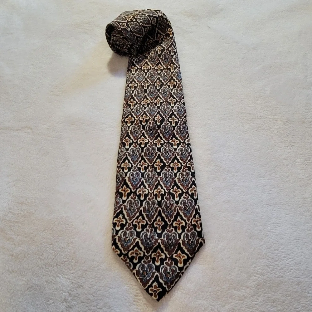 Joseph Abboud Tie Mens OS Blue Brown Damask Geometric Silk Made in Italy Classic